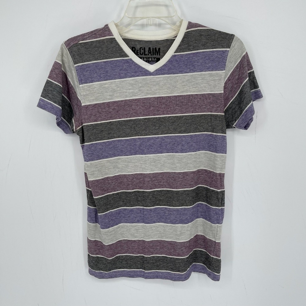 Reclaim Men's Purple Striped V-Neck Short Sleeve Skater Tee T-Shirt Size S